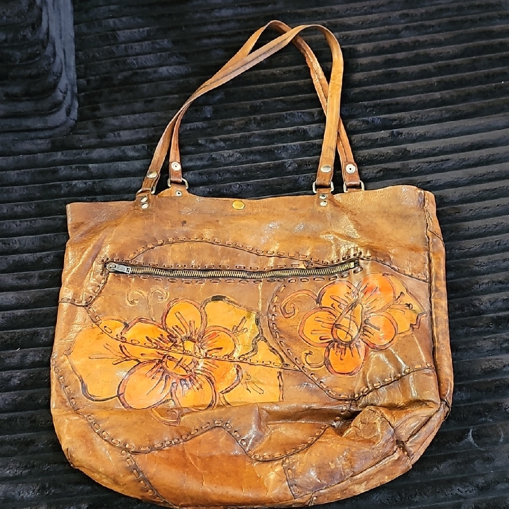 Brown Floral Leather Tote Bag